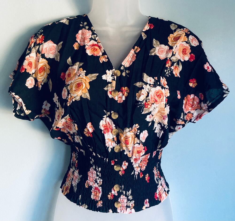 Planet Gold Floral Top Small Fairy Garden Cottage Smocked Flutter Sleeve